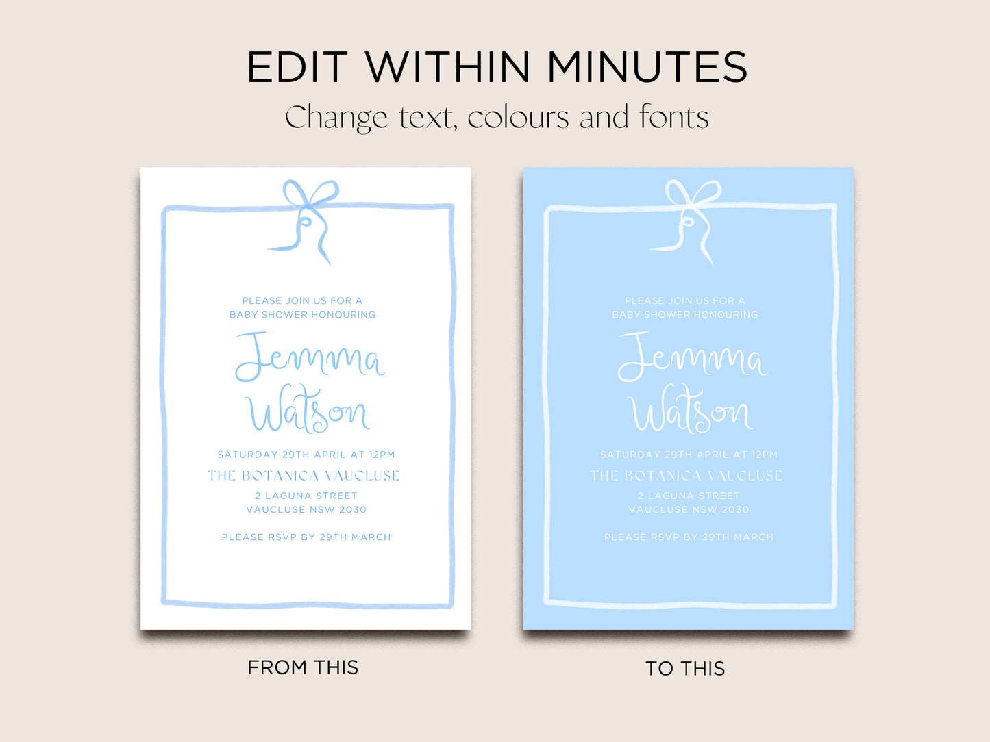 Baby Shower Invite Editable Template | Blue Bow - Vorfreude Stationery