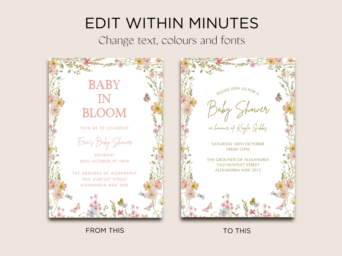 Baby in Bloom Baby Shower Invite Editable Canva Template | Fleur - Vorfreude Stationery