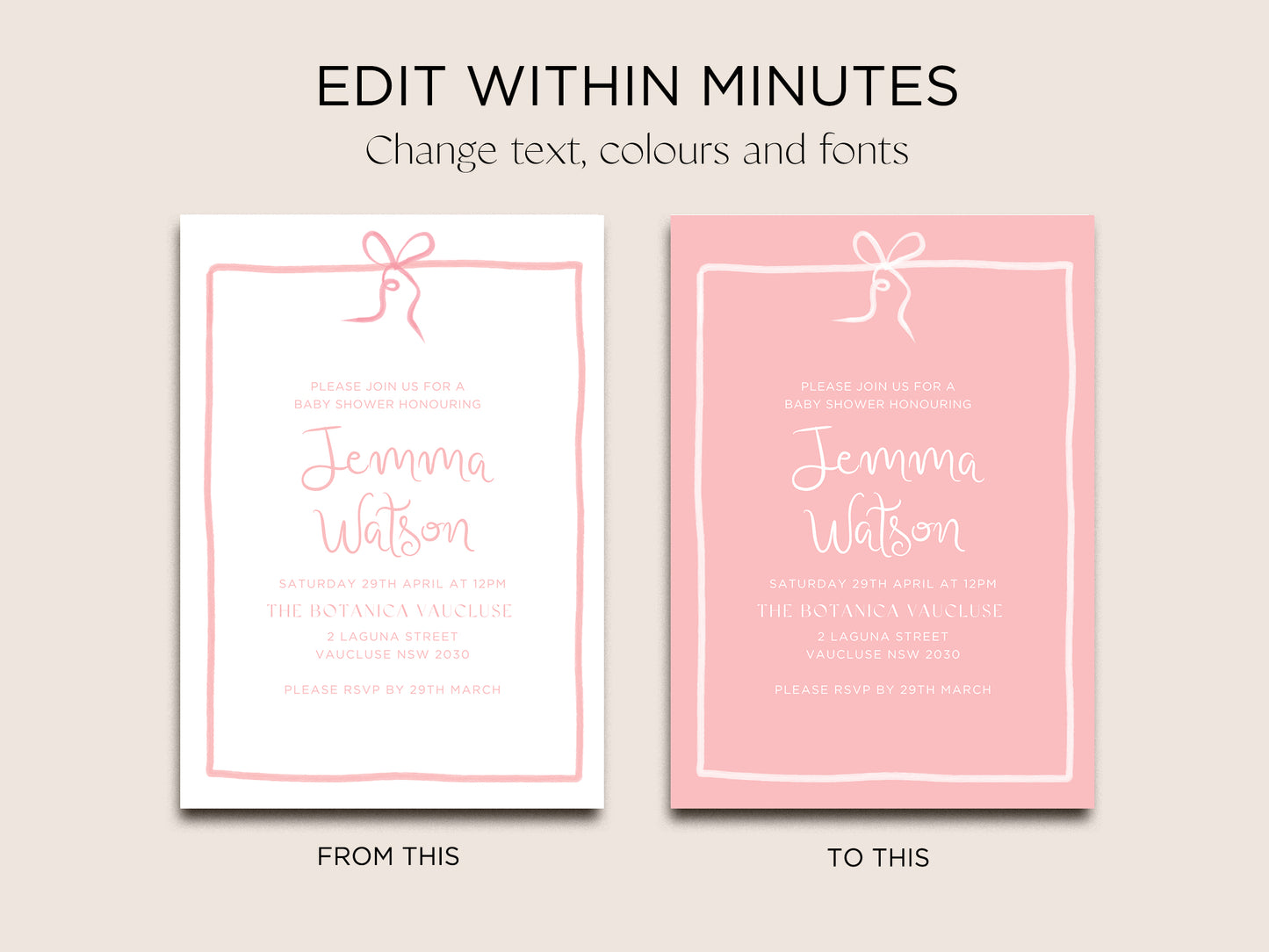 Baby Shower Invite Editable Template | Pink Bow - Vorfreude Stationery
