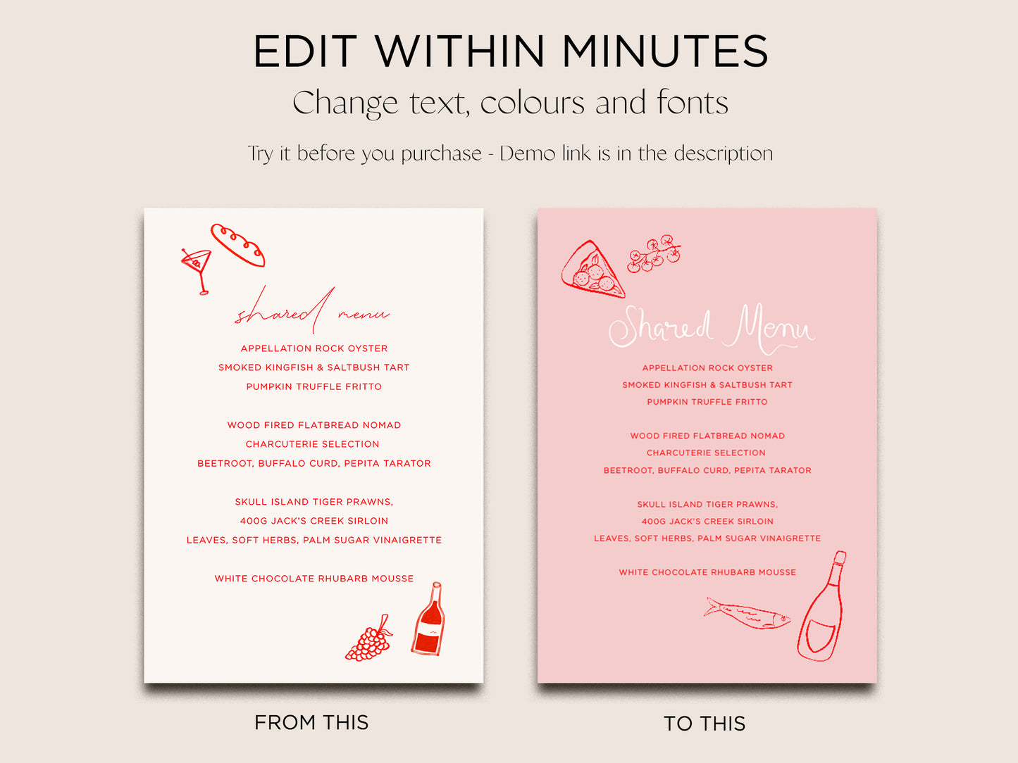 Menu & Place Card Editable Template | Smitten - Vorfreude Stationery