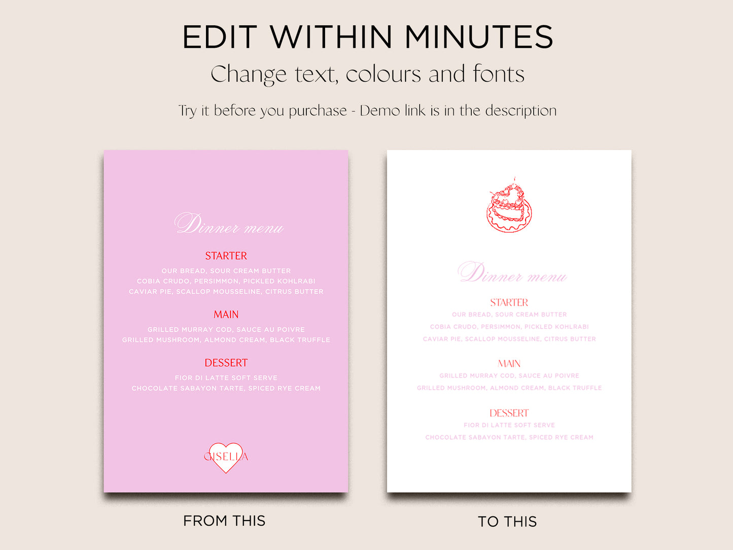 Menu & Place Card Editable Template | Sweethearts - Vorfreude Stationery