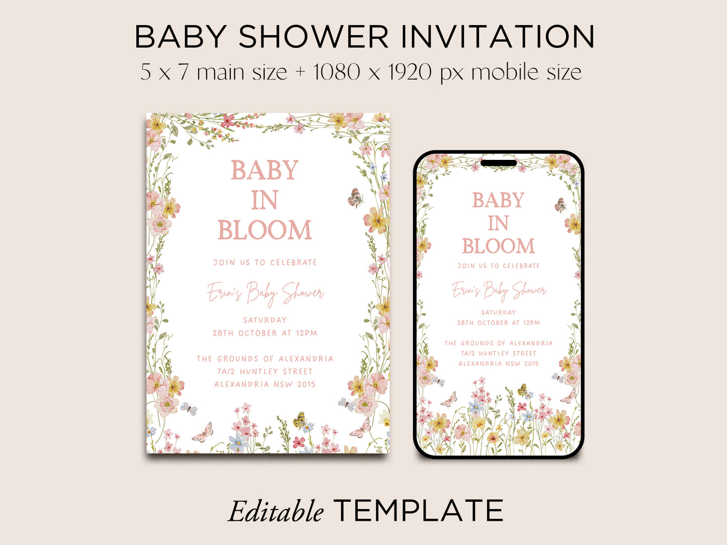 Baby in Bloom Baby Shower Invite Editable Canva Template | Fleur - Vorfreude Stationery