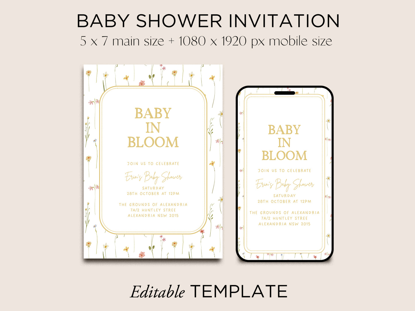 Baby in Bloom Baby Shower Invite Editable Canva Template | Prairie - Vorfreude Stationery