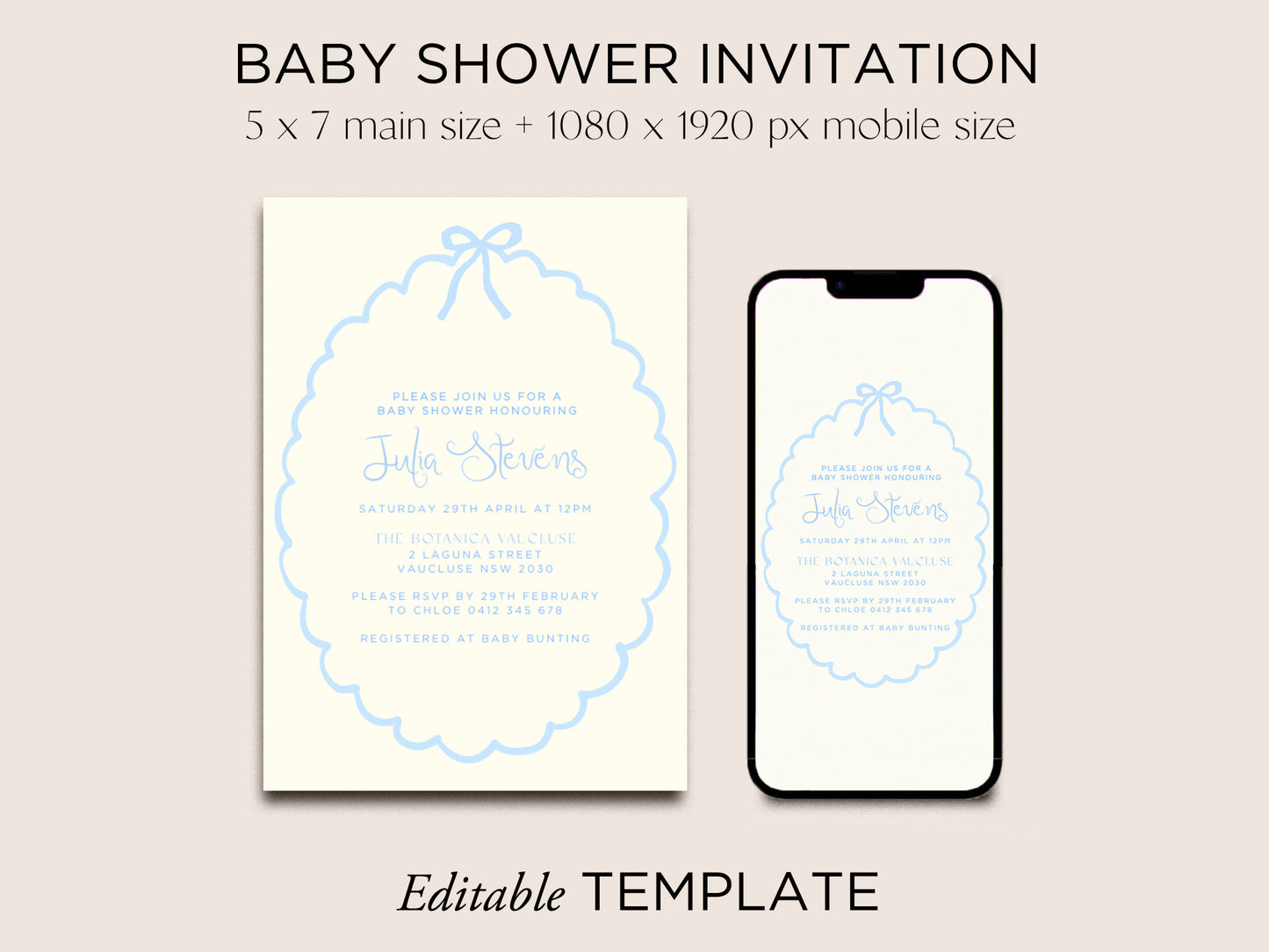 Baby Shower Invite Editable Template - Blue Ribbon - Vorfreude Stationery