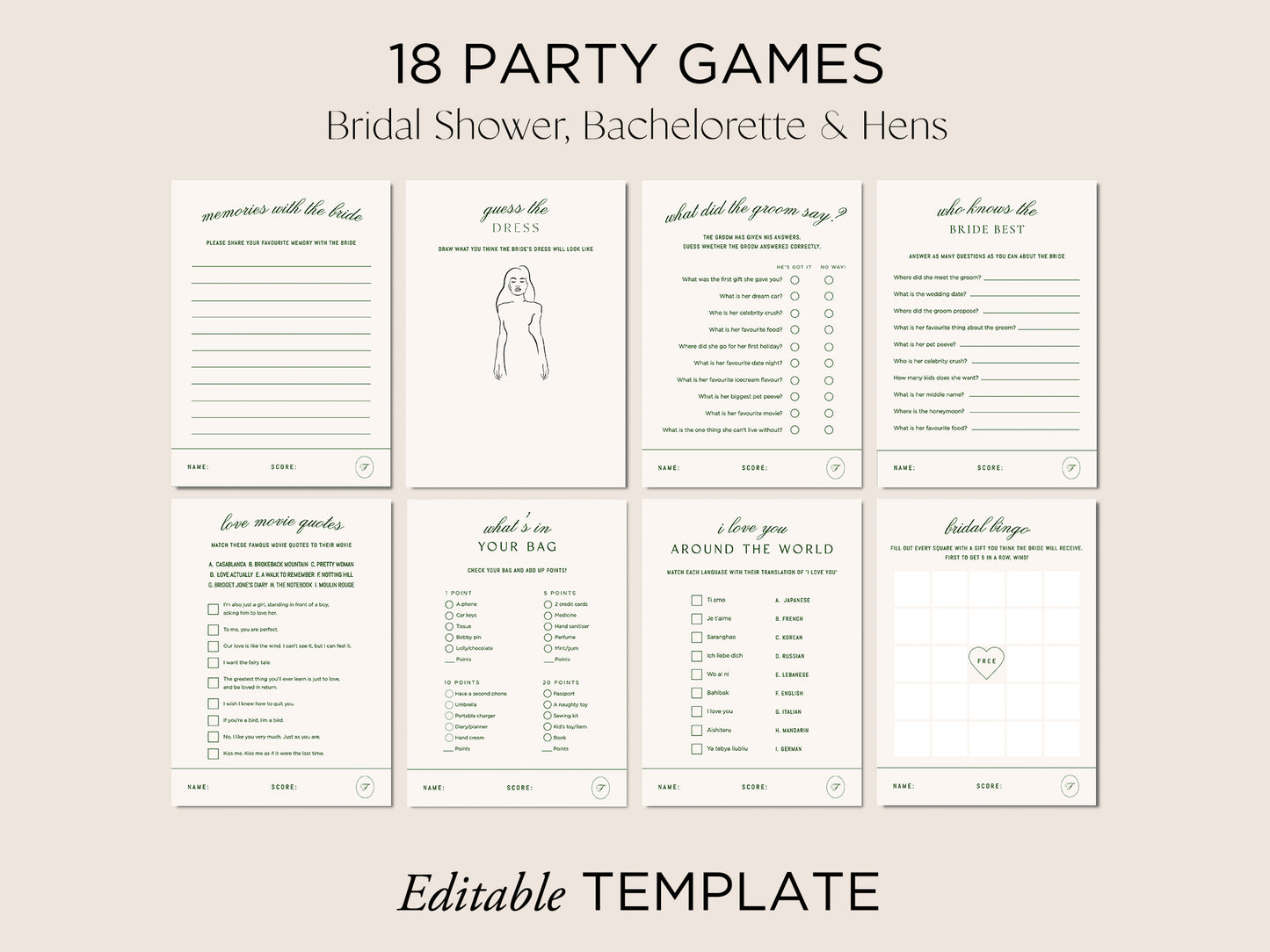 Hens Bachelorette Party Games Editable Template - Brasserie - Vorfreude Stationery
