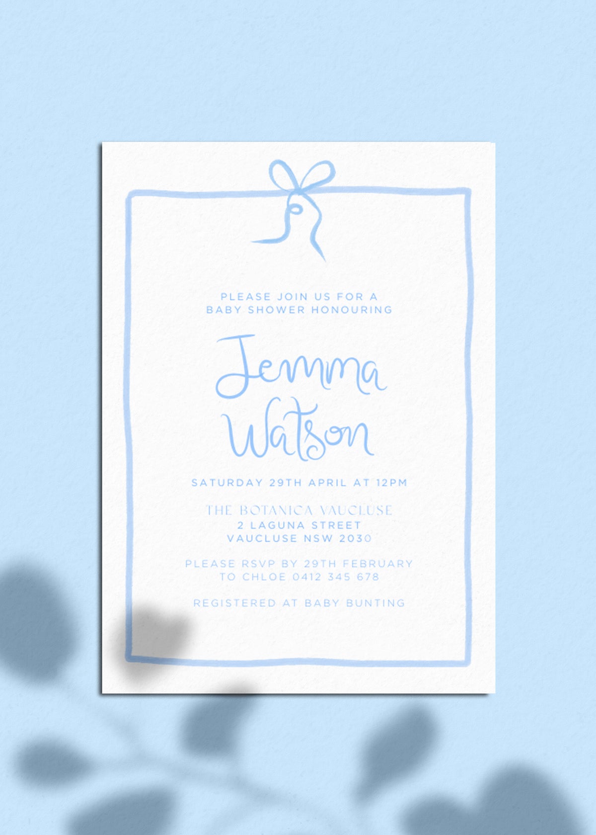 Baby Shower Invite Editable Template - Blue Bow - Vorfreude Stationery