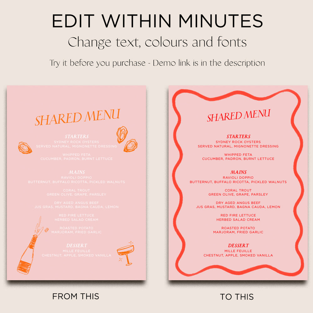 Menu & Place Card Editable Template | Wavy