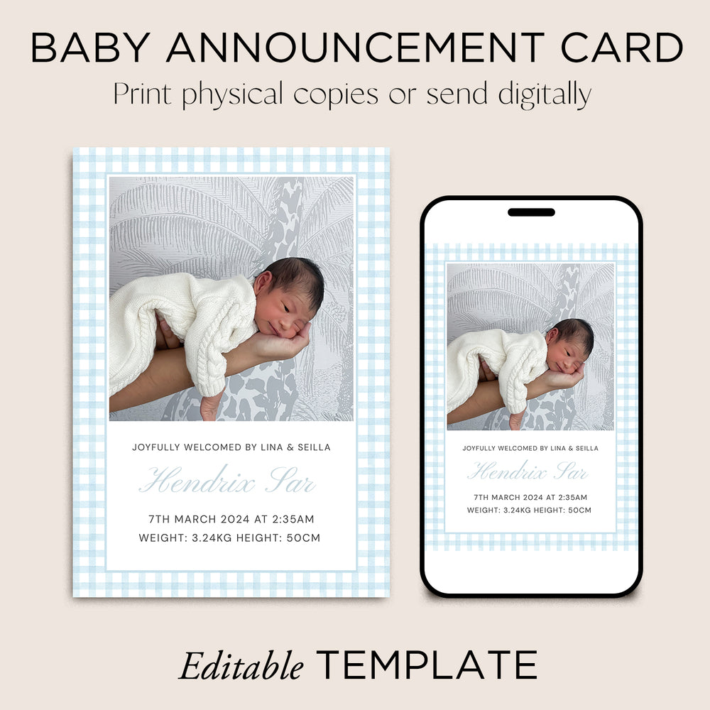 Baby Announcement Card Template | Blue Gingham