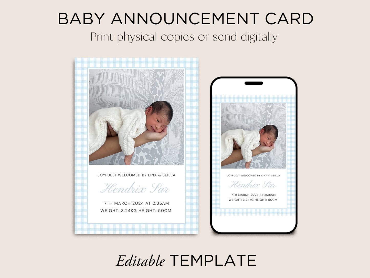 Baby Announcement Card Template | Blue Gingham