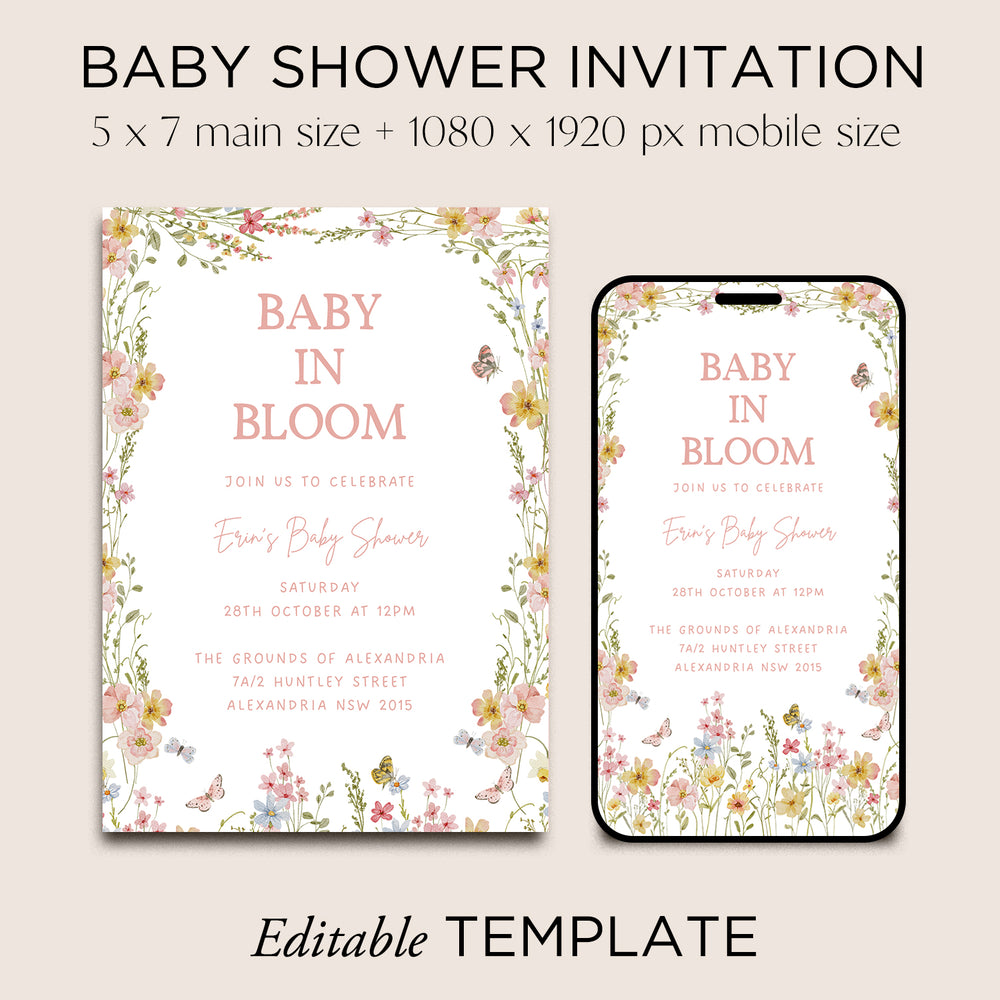Baby in Bloom Baby Shower Invite Editable Canva Template | Fleur