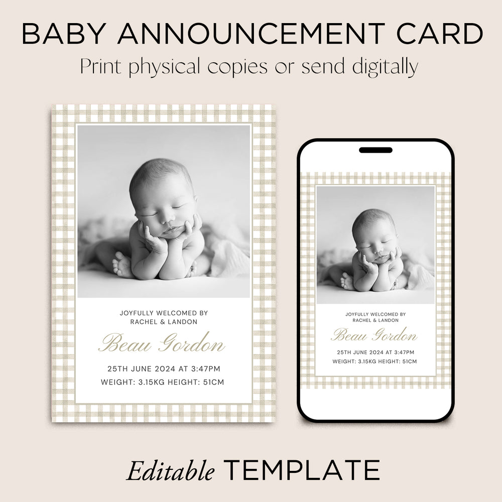 Baby Announcement Card Template | Neutral Gingham