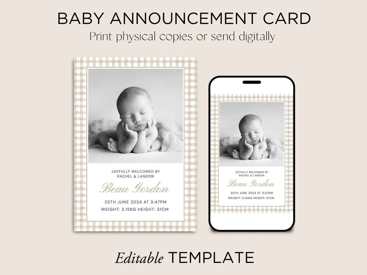 Baby Announcement Card Template | Neutral Gingham