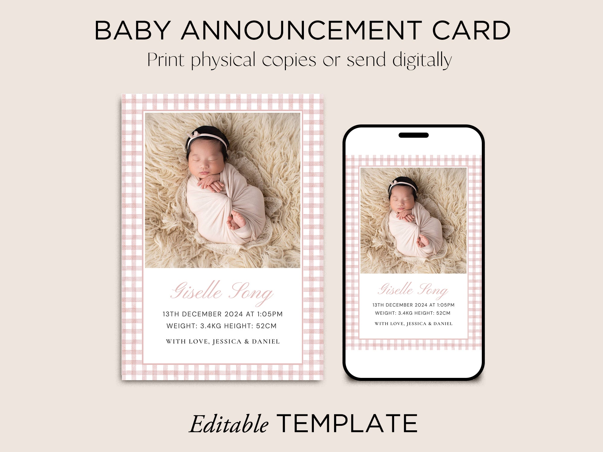 Baby Announcement Card Template | Pink Gingham | Vorfreude Stationery