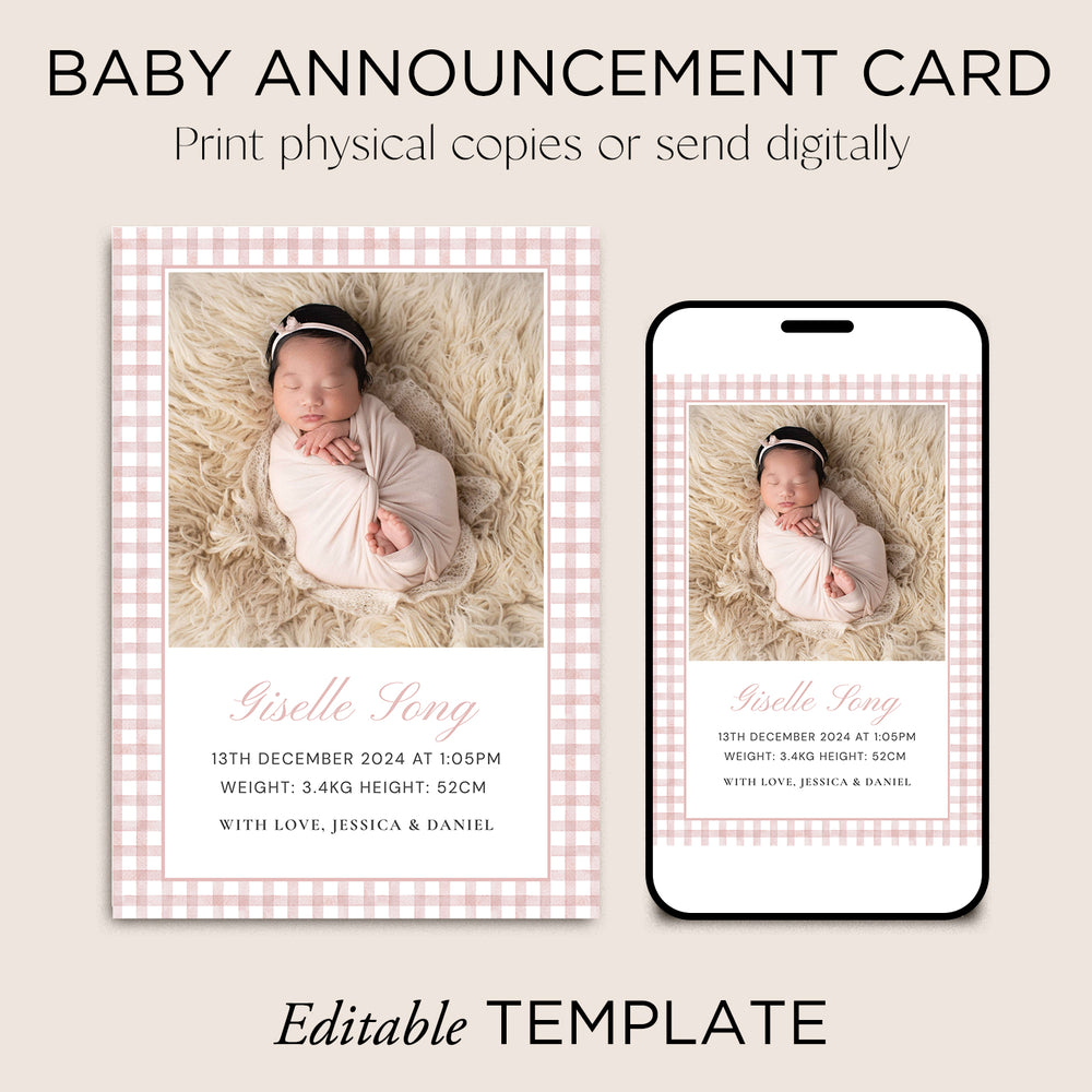 Baby Announcement Card Template | Pink Gingham