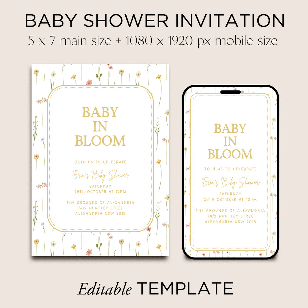 Baby in Bloom Baby Shower Invite Editable Canva Template | Prairie