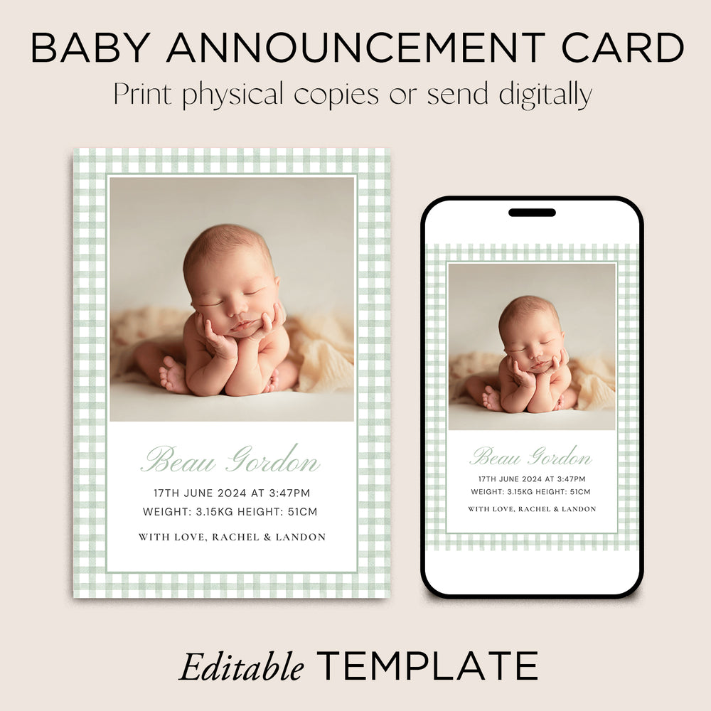 Baby Announcement Card Template | Sage Green Gingham