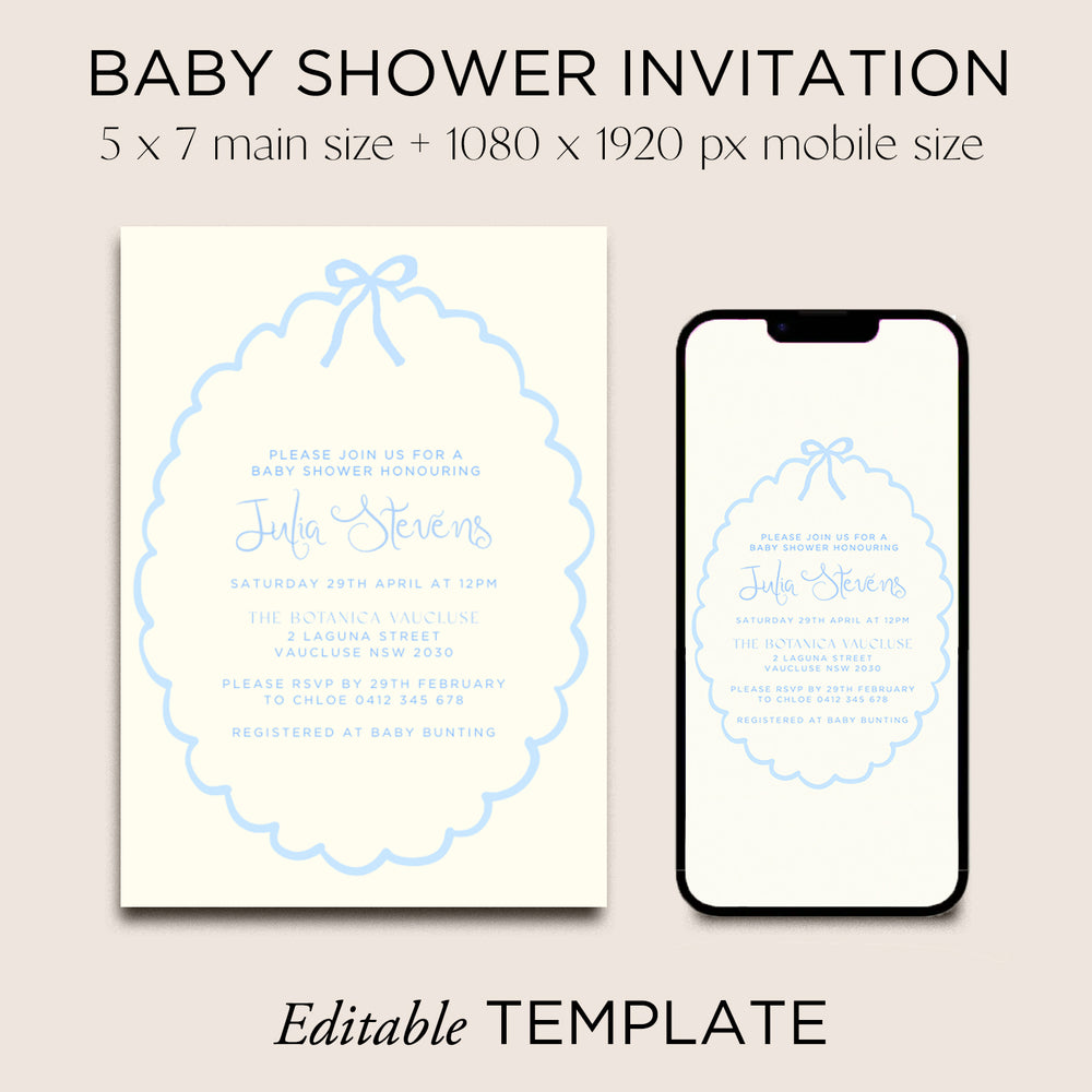 
                      
                        Baby Shower Invite Editable Template - Blue Ribbon - Vorfreude Stationery
                      
                    