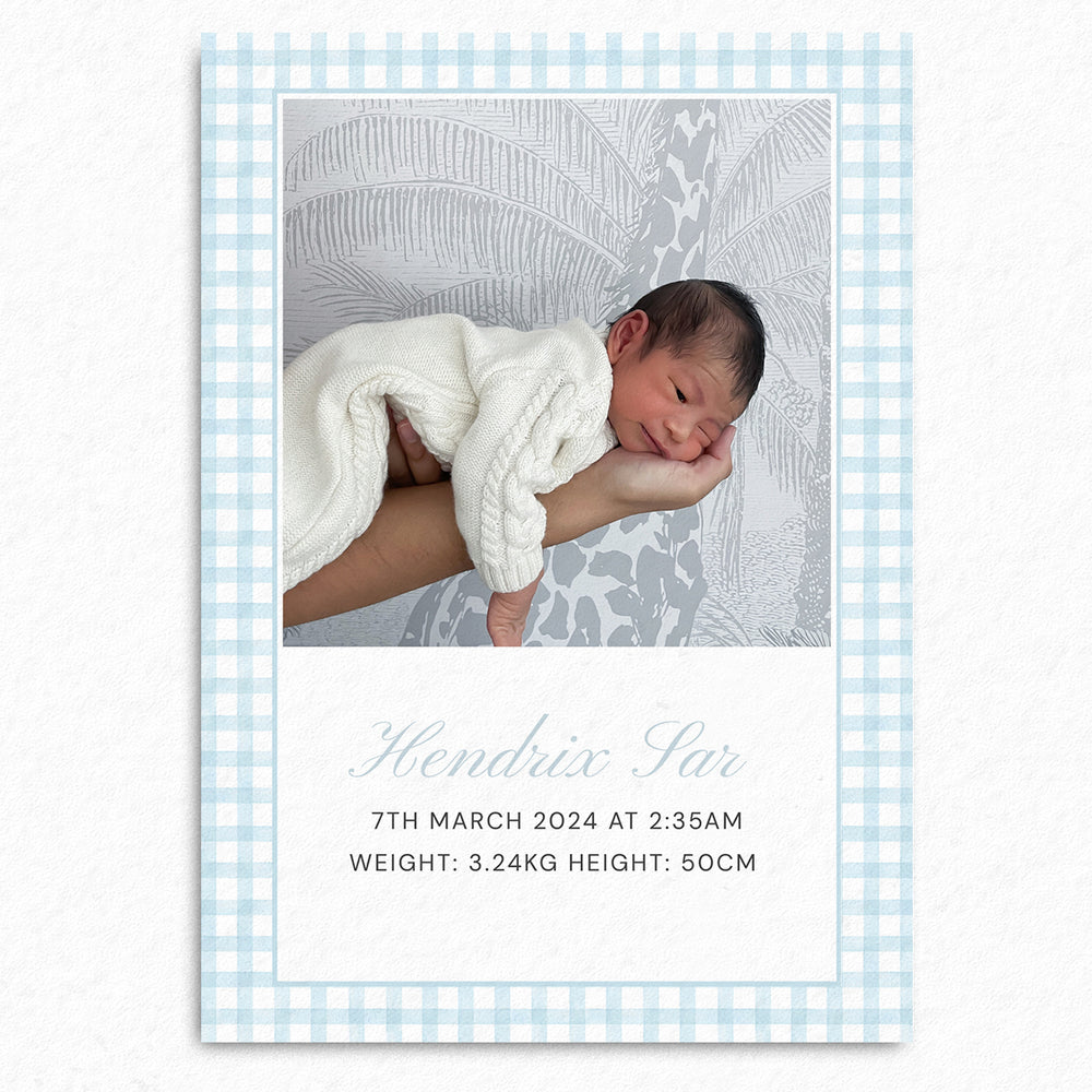 Baby Announcement Card Template | Blue Gingham