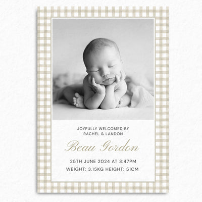 Baby Announcement Card Template | Neutral Gingham - Vorfreude Stationery