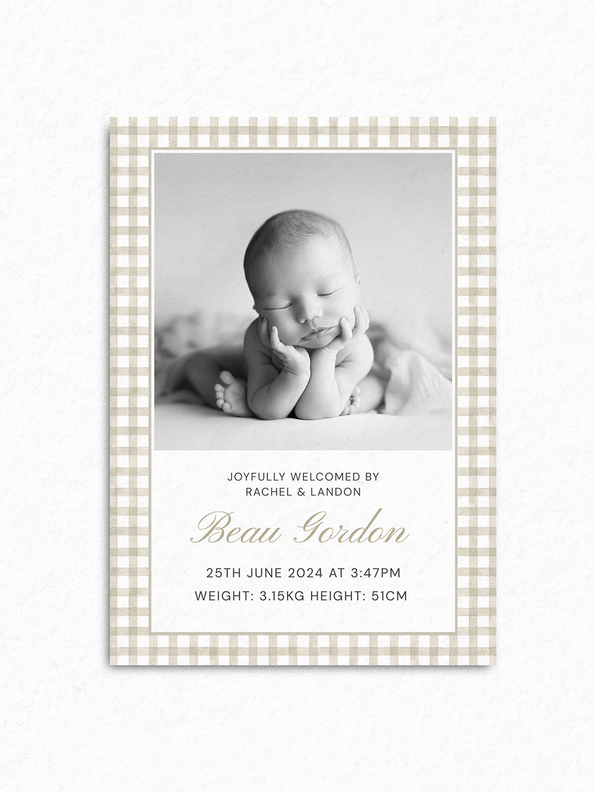 Baby Announcement Card Template | Neutral Gingham