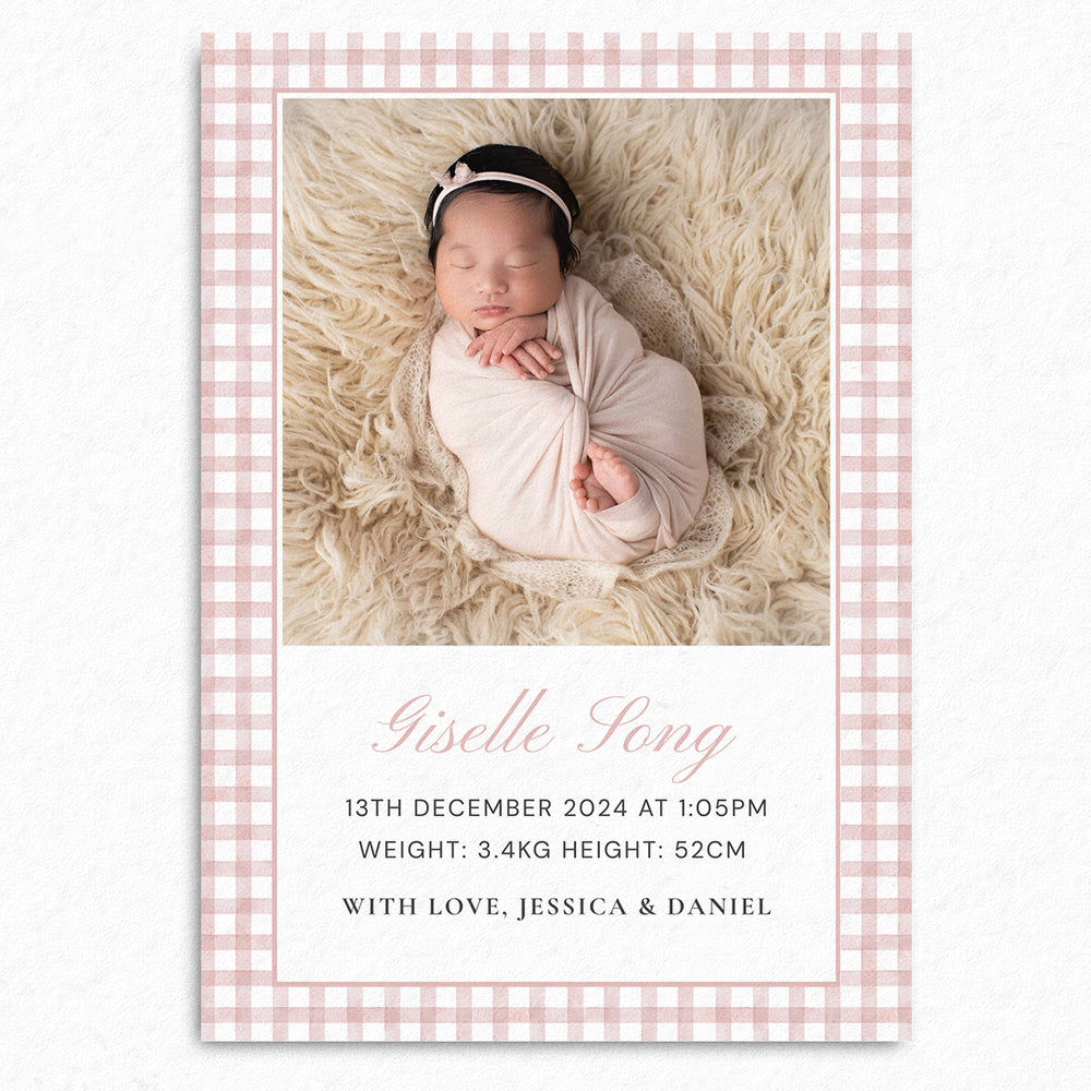 Baby Announcement Card Template | Pink Gingham