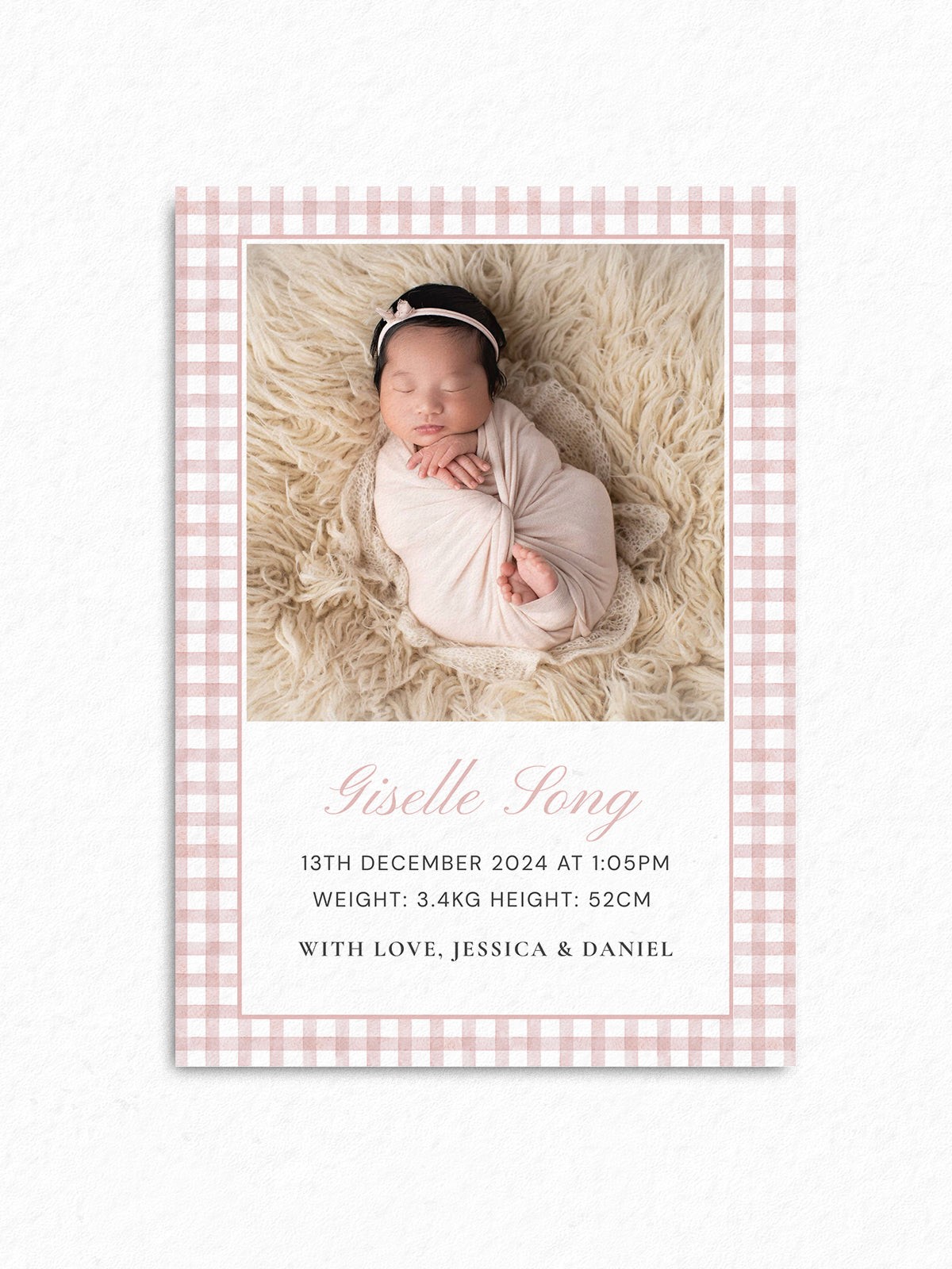 Baby Announcement Card Template | Pink Gingham