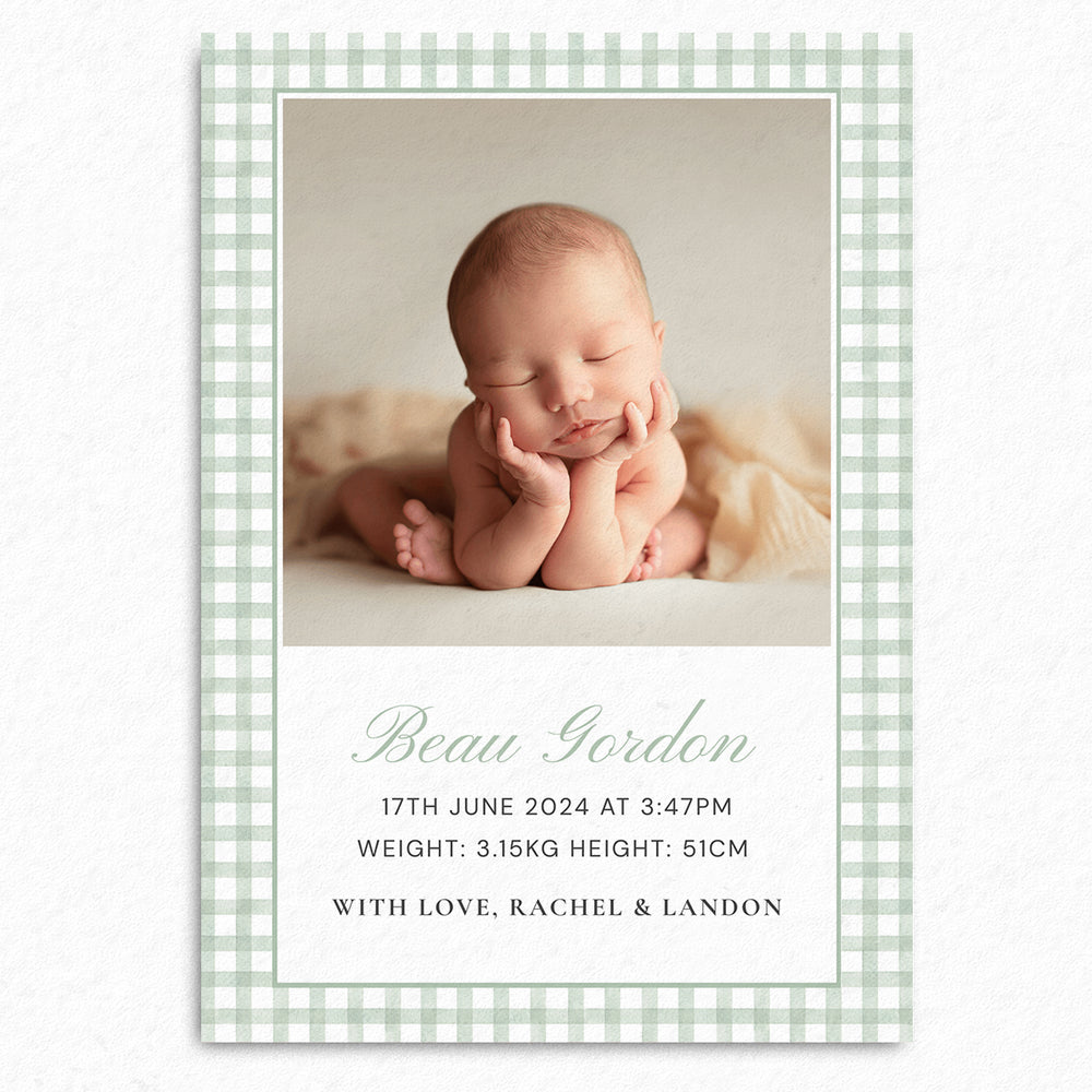 Baby Announcement Card Template | Sage Green Gingham