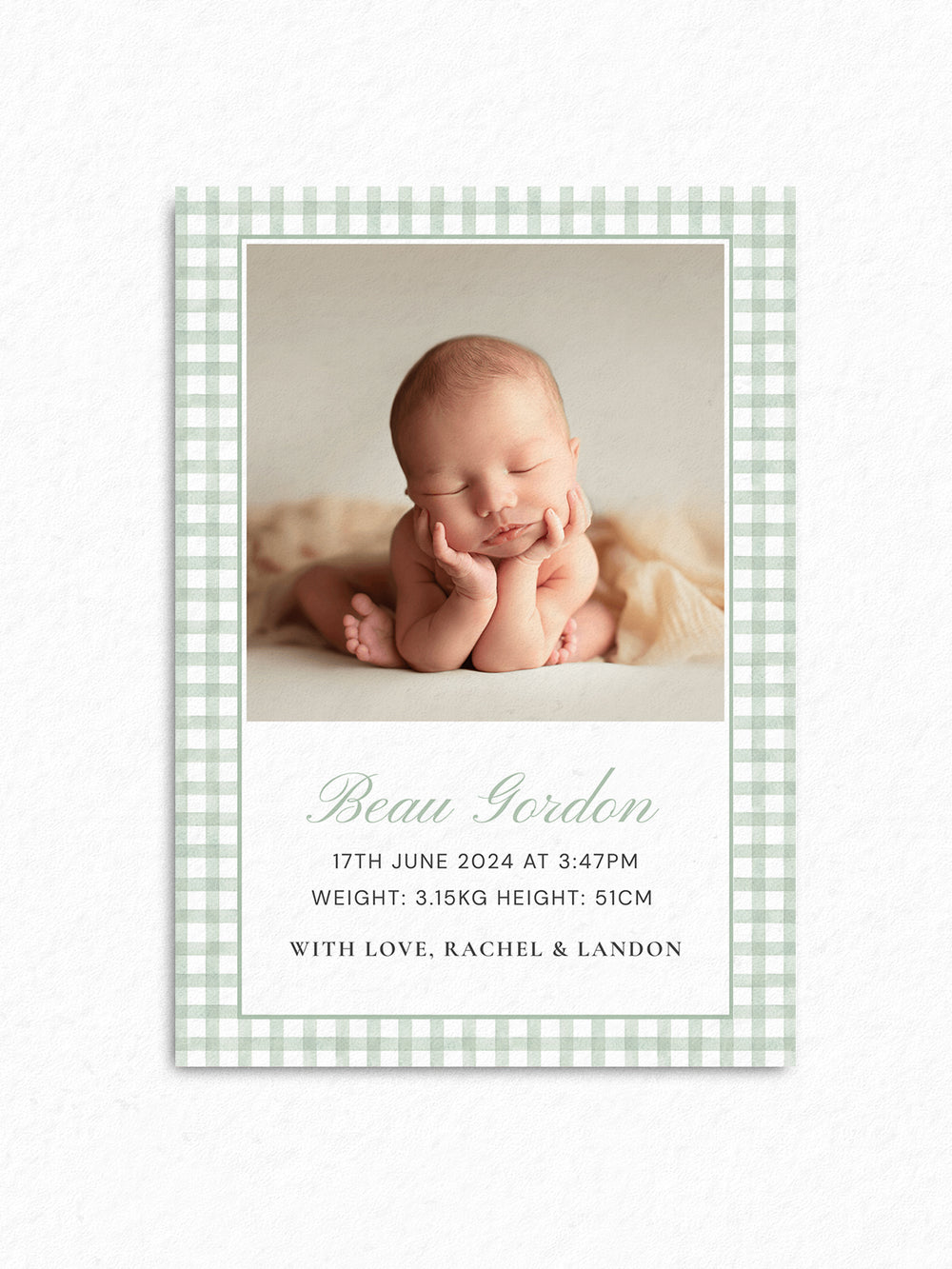 Baby Announcement Card Template | Sage Green Gingham