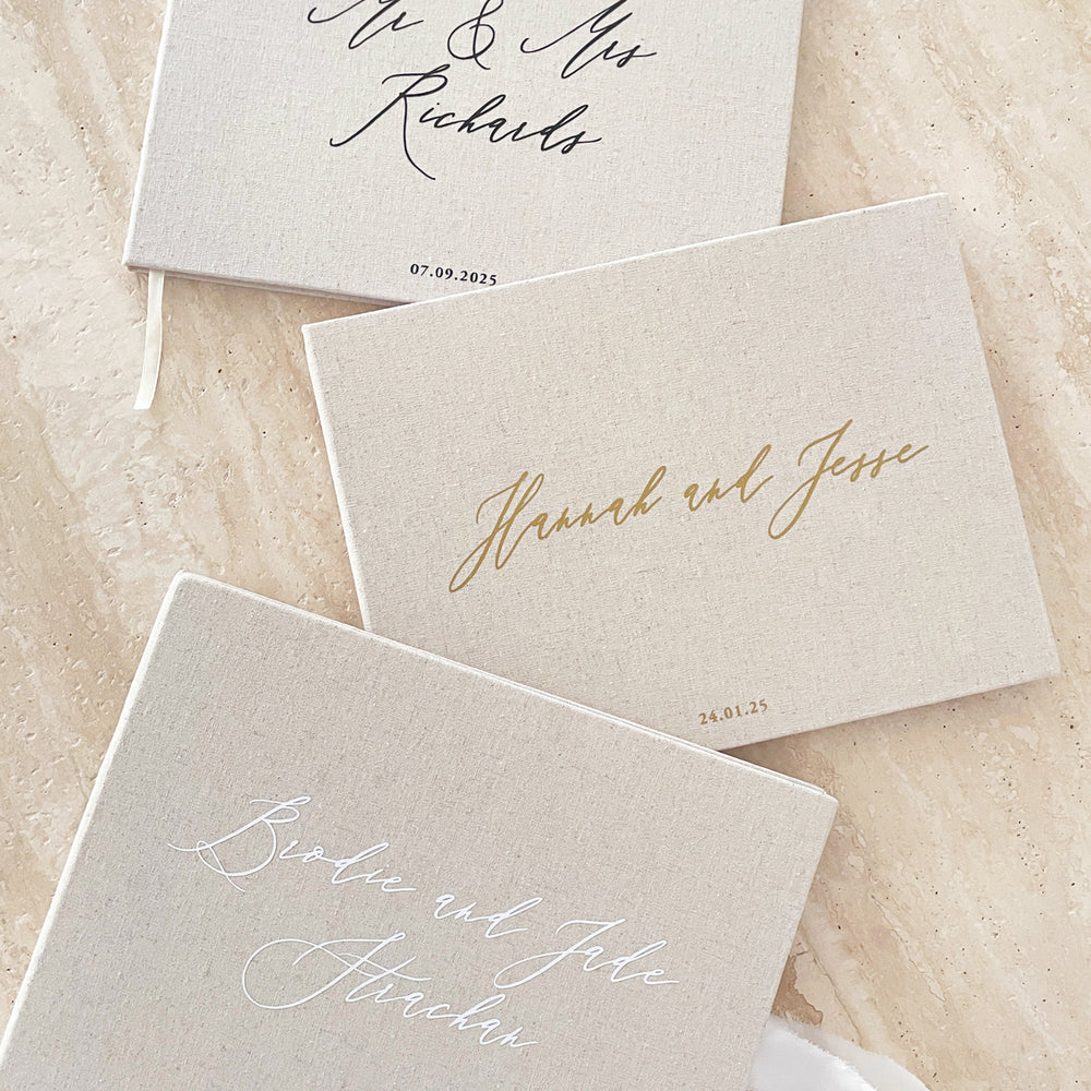 Linen Wedding Guest Book - Almond