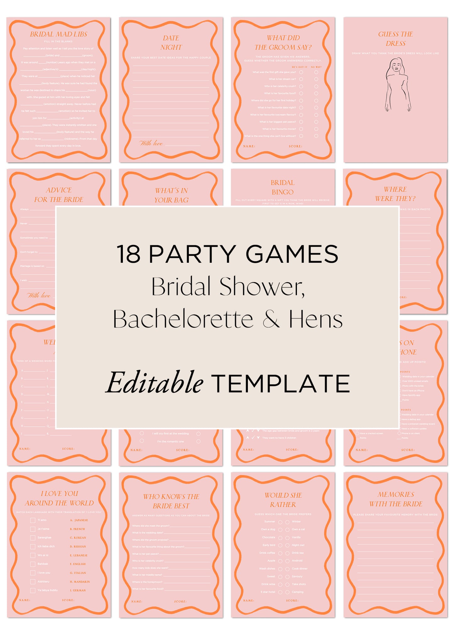 Hens Bachelorette Party Games Editable Template - Wavy - Vorfreude Stationery