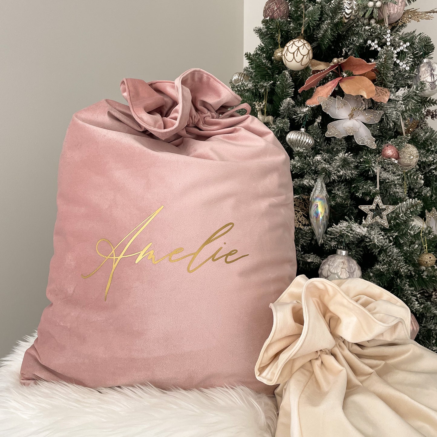 Personalised Velvet Christmas Santa Sack - Pink - Vorfreude Stationery