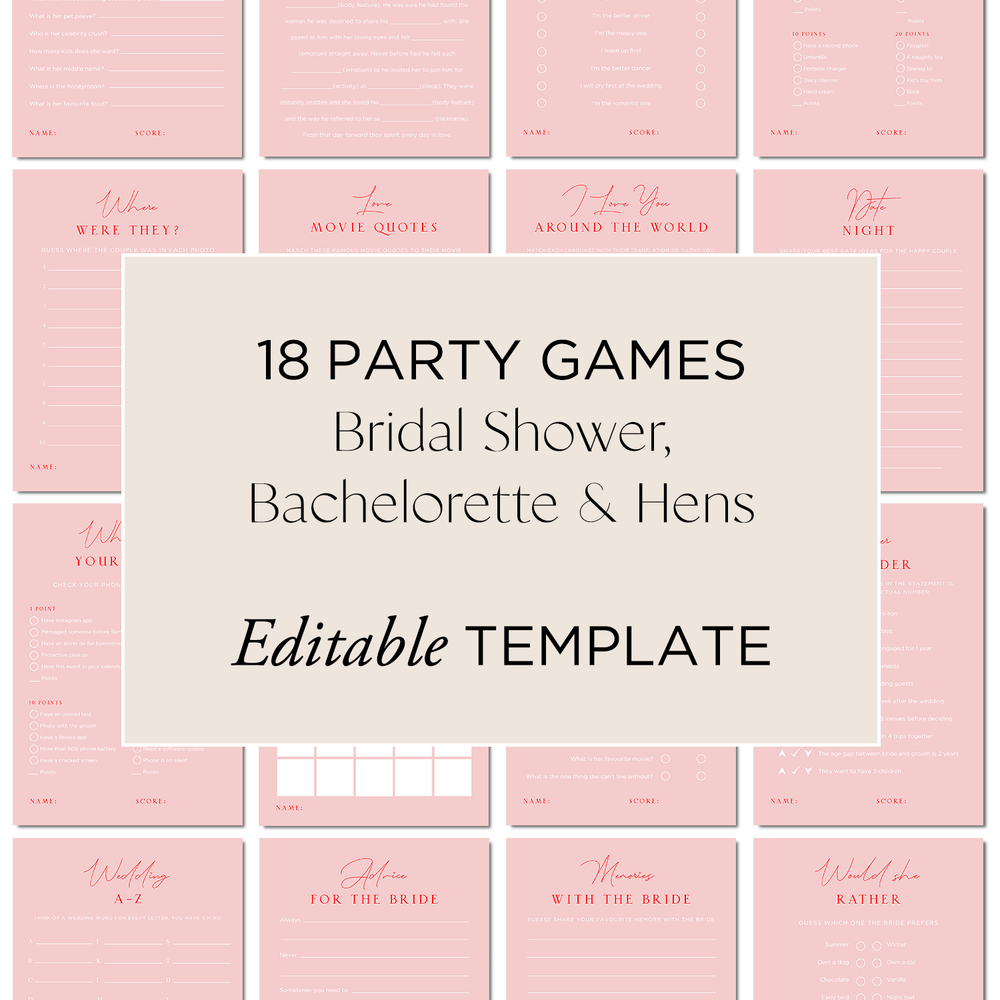 Hens Bachelorette Party Games Editable Template - Smitten - Vorfreude Stationery