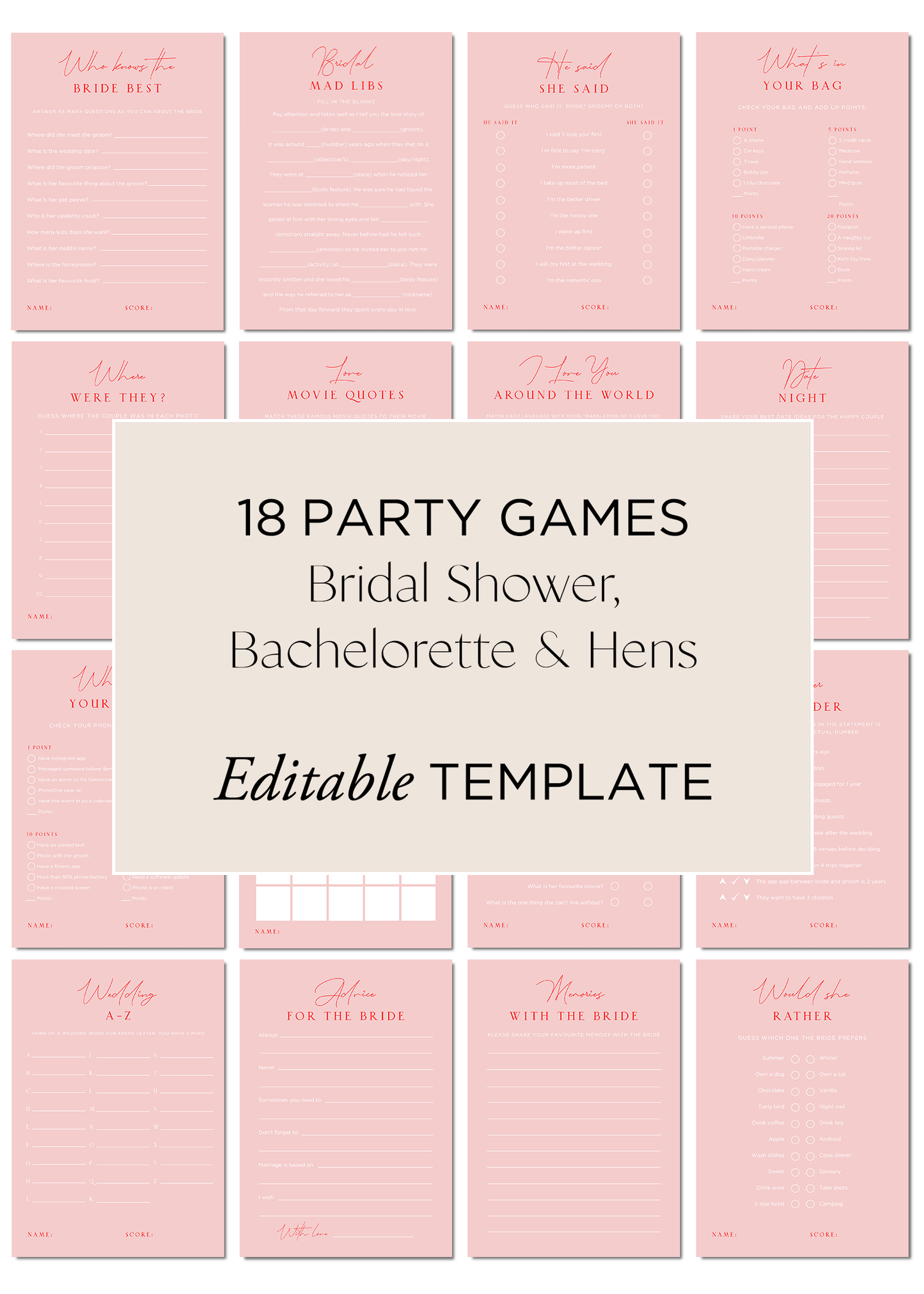 Hens Bachelorette Party Games Editable Template - Smitten - Vorfreude Stationery