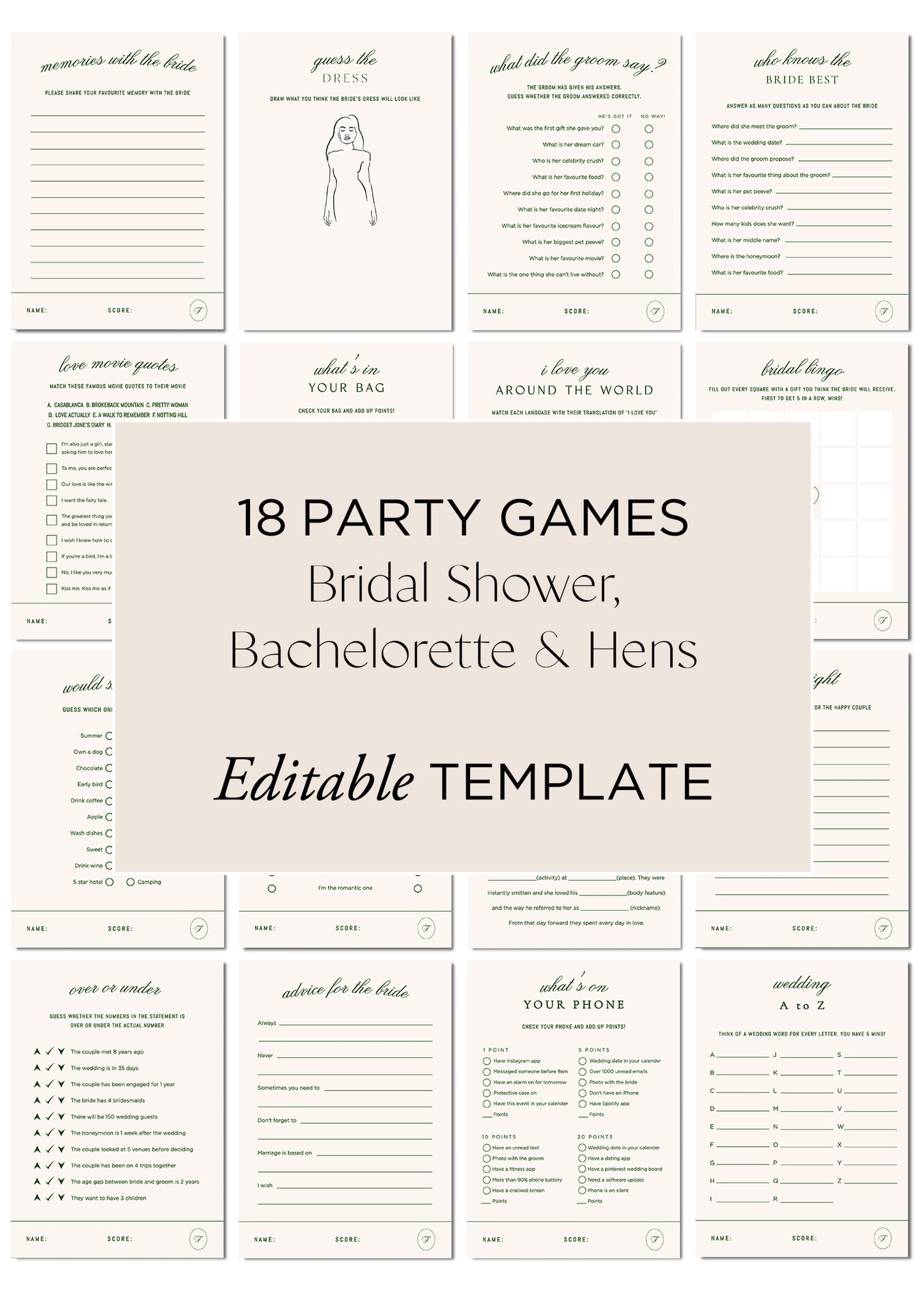 Hens Bachelorette Party Games Editable Template - Brasserie - Vorfreude Stationery