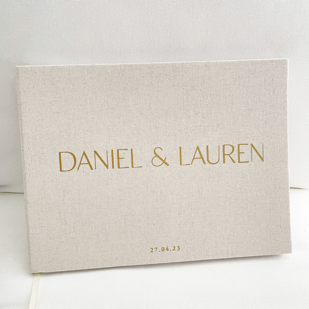 
                      
                        Minimalistic Linen Wedding Guest Book - Vorfreude Stationery
                      
                    